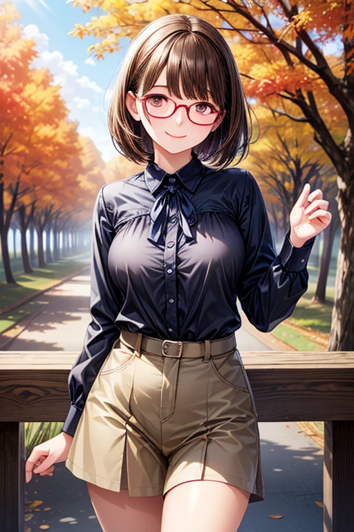 anegasaki nene, shiny brown short hair, beautiful brown eyes, smiling face, sparkling pupils, (fine grain), highly detailed eyes, highly detailed face, highly detailed eyes,, (masterpiece:1.2, best quality), ((only1 girl)), cowboy shot,cowboy shot,,
1 girl, black hair,glasses,autumn leaves, hiking