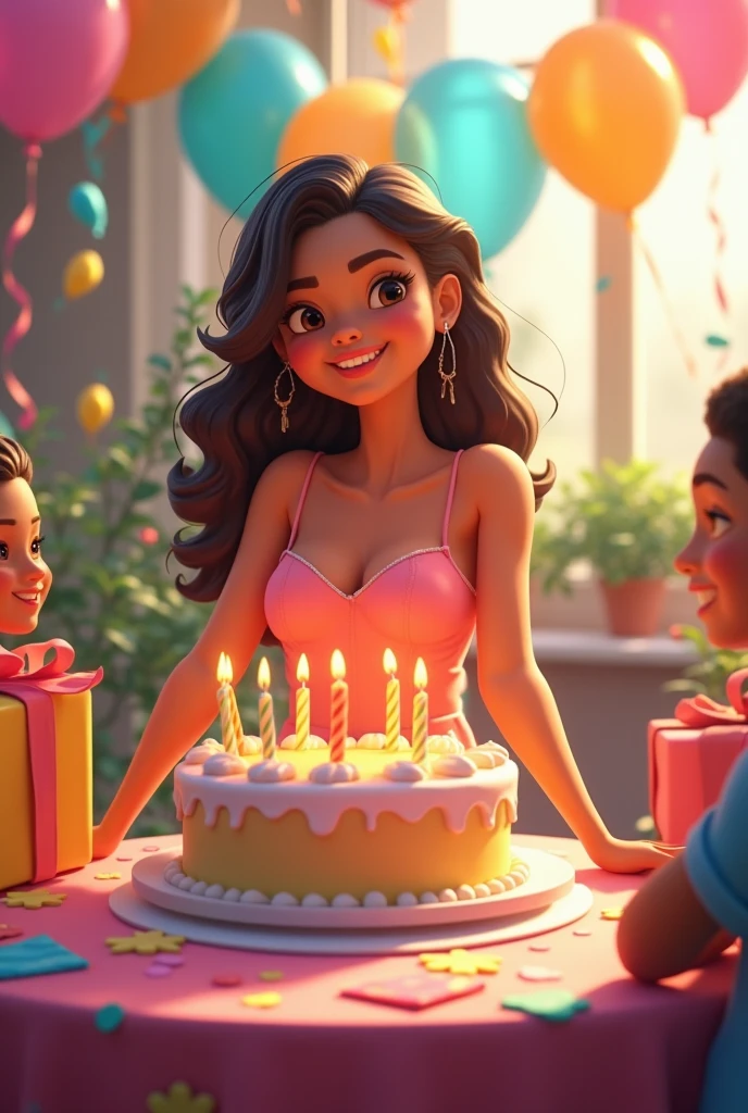 Girls' birthday party celebrating dressed in a skirt and crop top with a cake decorated with coconuts