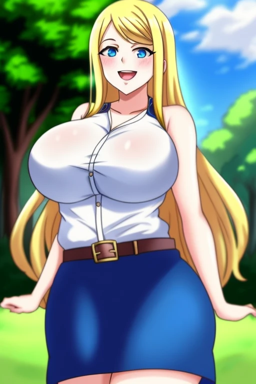 hoshiguma yuugi, 1girl,single horn, blonde hair, long hair,yellow eyes,shackles ,white shirt,skirt,, walking, long skirt, forest, red eyes,smile,
