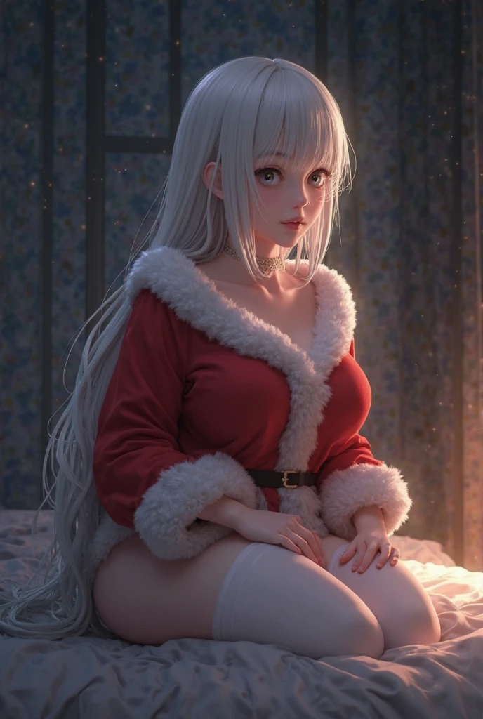 ((La mejor calidad)), ((Obra maestra)), cara perfecta, mujer de pelo blanco, ((orejas de gato)), ojos azules, (((senos grandes))), caderas anchas, jersey rojo, tejanos, sitting on the couch with a fireplace in the background and Christmas decorations