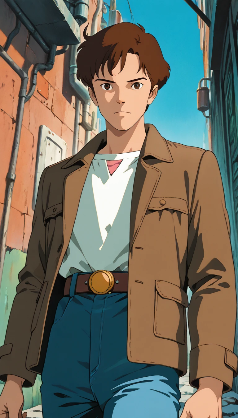 (1boy, PeterTAS), (extremely detailed CG unit 8k wallpaper),(master part), (best quality), (ultra detail), (best illustration),(ghibli_style), cowboy shot, dutch angle, close up, standing, facing viewer, looking at viewer, perfect face, perfect eyes, perfect fingers, (Sharp eyeliner, ombre, detailed eyes:1), traditional media, ghibli landscapes, scenery, outdoors, gotham city, alley, blue sky, break , upper body, solo, brown hair, very short hair, brown eyes, open gray jacket, pink tucked undershirt, brown belt, golden buckle, jeans