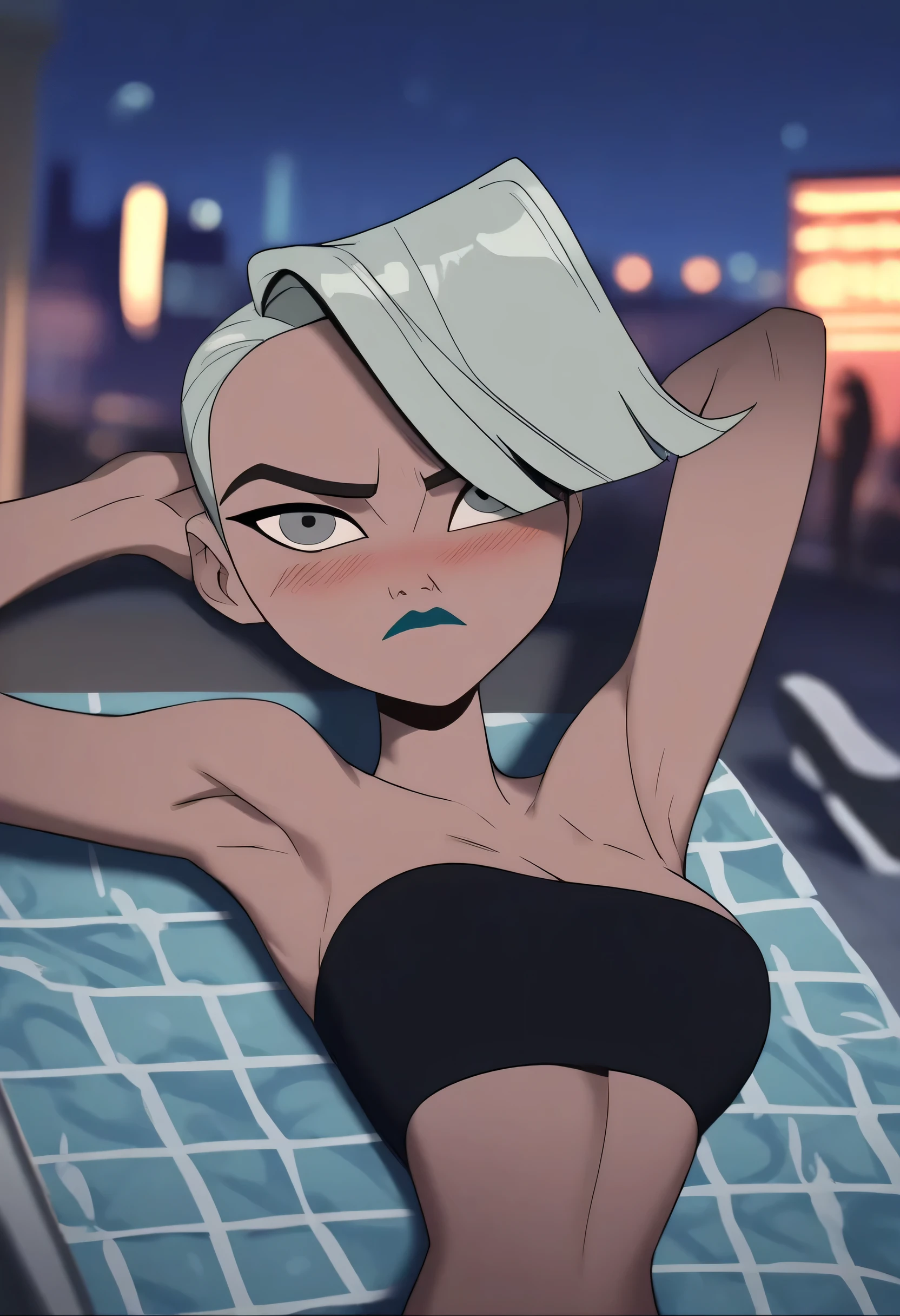 zPDXL, score_9,score_8_up,score_7_up,_up,source_cartoon, best quality, amazing quality, masterpiece, 1girl, looking at viewer, solo, cute, blush, night sky, city, contour_deepening,depth of field, huge filesize,wallpaper,background,(flat color),large breasts, blurry background, dank flank, glukoza, short hair, gray hair, lying on the sun lounger, lounger, swimming-pool, armpits, crop top, high heels, hair over one eye, grey eyes, black strapless bra, black bikini, long legs