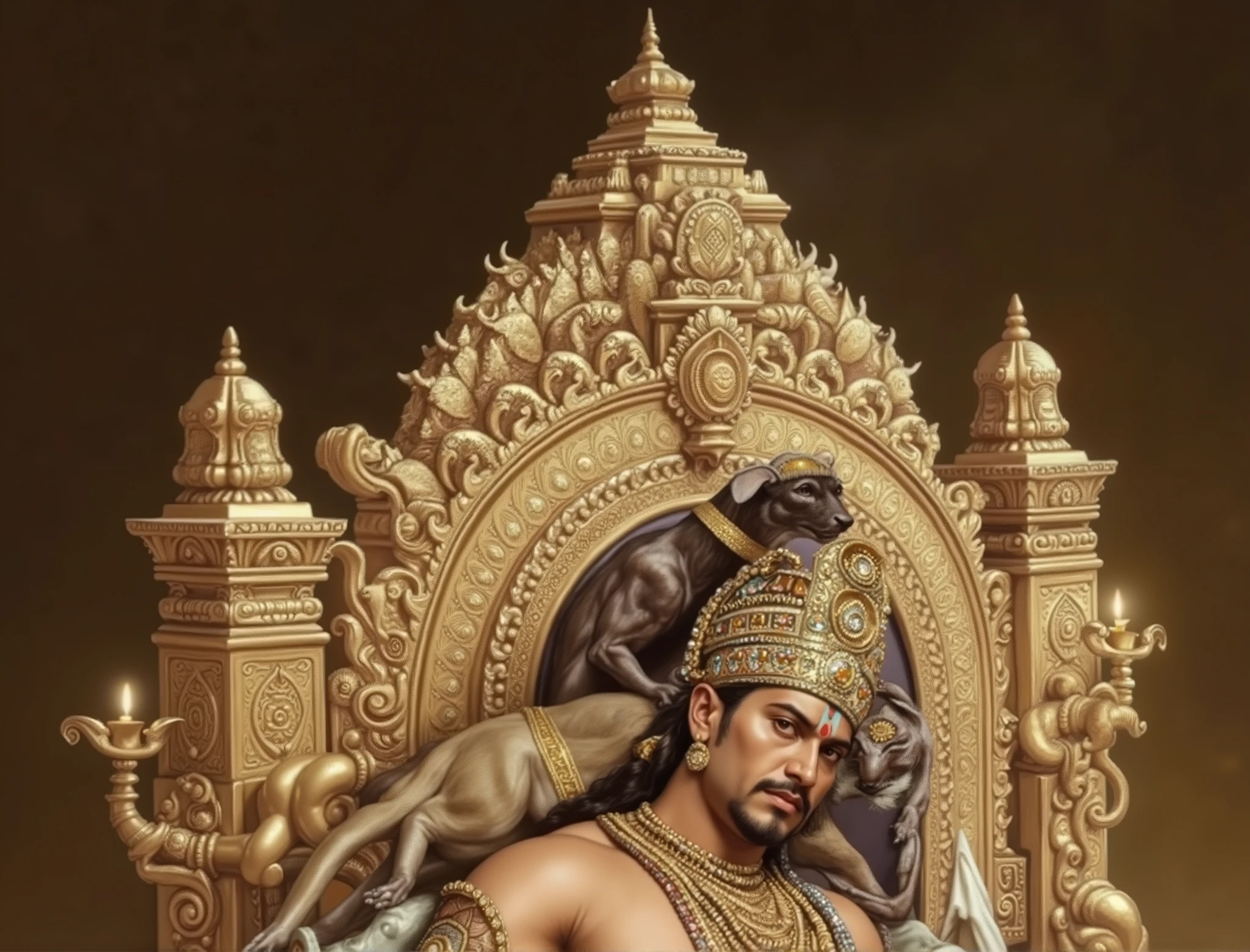 A regal and powerful South Indian king reclines on his grand golden throne, painted in the style of a classical oil painting reminiscent of Renaissance and Baroque masterpieces. The scene is imbued with dramatic lighting, deep shadows, and rich golden hues that enhance the depth and grandeur of the composition. The king possesses a commanding physique—a broad-shouldered, muscular warrior’s build complemented by a full, rounded belly, symbolizing both strength and royal indulgence. His rich brown skin is illuminated by the soft glow of candlelight, highlighting the sheen of his oiled skin and the intricate details of his golden jewelry. He is adorned in layers of heavy gold necklaces, finely engraved armlets, and thick bangles, while an ornate waistband rests over his belly. His elaborate bejewelled crown, set with rubies, emeralds, and pearls, glows under the warm light, its intricate carvings echoing the grandeur of South Indian temple architecture. His deep, kohl-lined eyes, a well-groomed beard, and a hint of a smirk exude both wisdom and authority. He lounges on an exquisitely carved golden throne, a work of divine artistry. The throne features intricate Dravidian temple motifs, Yali (mythical lion-like creatures) guarding the armrests, and celestial faces sculpted into the backrest, their expressions frozen in divine wisdom. The soft, painterly brushstrokes capture the texture of the throne’s gold filigree and the smooth silk of his flowing golden-yellow dhoti with emerald-green borders. On his shoulder perches a sacred mongoose, its fur a soft mix of golden and sandy hues, its small, intelligent eyes gleaming. It wears a delicate golden collar and appears to be whispering into the king’s ear, symbolizing divine guidance and strategic wisdom. The background is painted with soft, dark gradients, reminiscent of Caravaggio’s chiaroscuro technique, allowing the richly adorned king to emerge dramatically from the shadows. The use of classical oil painting aesthe