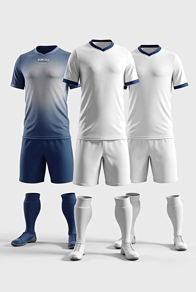 Mockup with 3 soccer uniforms: on the right white t-shirt with sponsor logo with the word 'KONCILIA' in dark blue, white shorts and blue socks. On the center side white t-shirt with sponsor logo with the word 'KONCILIA' in dark blue, white and white shorts. On the left side white t-shirt with sponsor logo with the word 'KONCILIA' in dark blue, blue shorts and white tights.