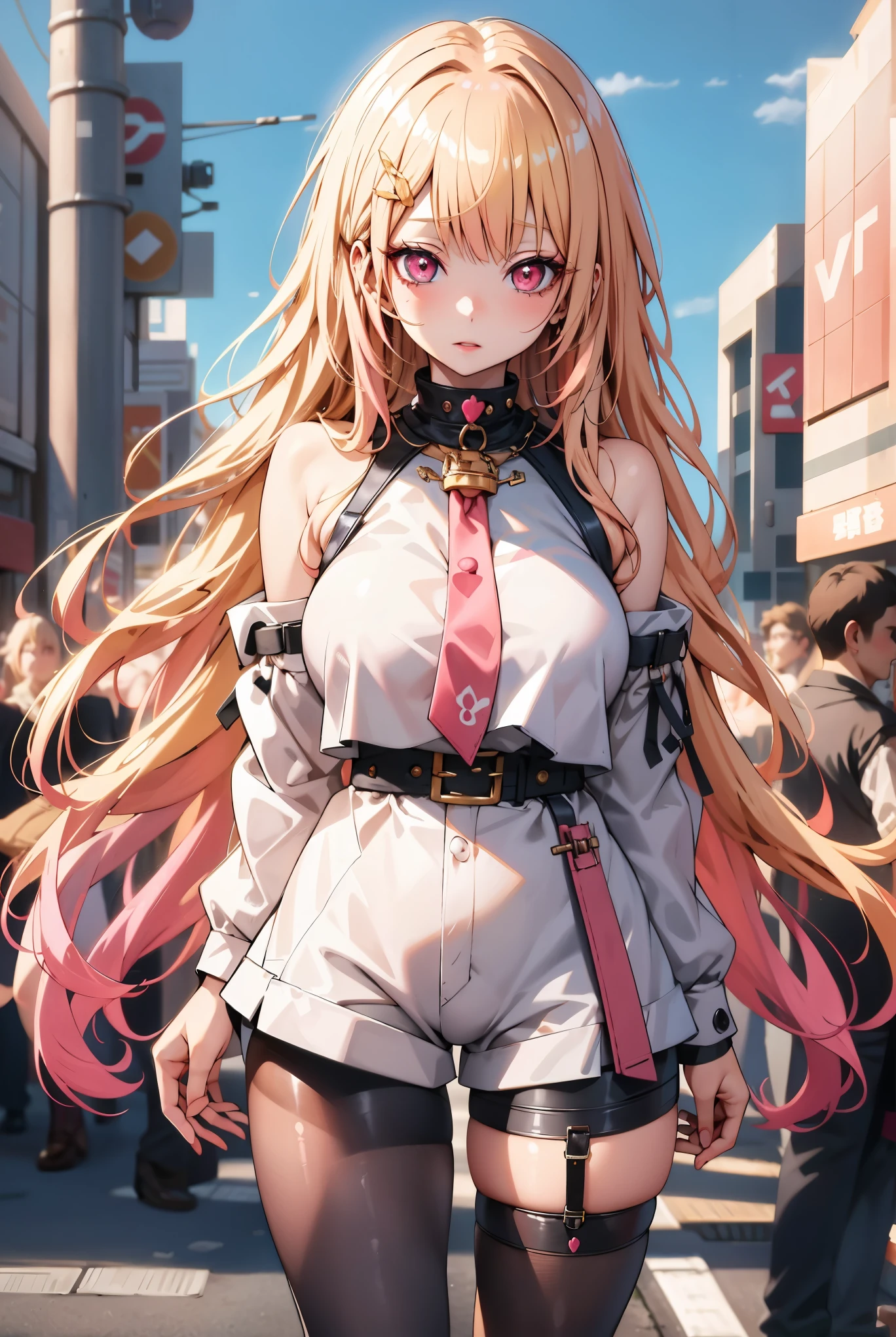 ultra high definition, Colorful, perfect image, high quality , 1 Woman , Beautiful woman , Cute Women , stand upright, looking straight , ((( Golden hair, pink ends , Straight hair))), blue eye , sexy doll, big breasts ,is anatomically correct, White skin , Red mouth , outdoor , daytime, Big eyes , Black Tights , Black leather jacket, shorts, black leather pants , Open waist , tights , Heart Shaped Hair Jewelry , Open Shoulders ,, openly, Upper body , Thigh