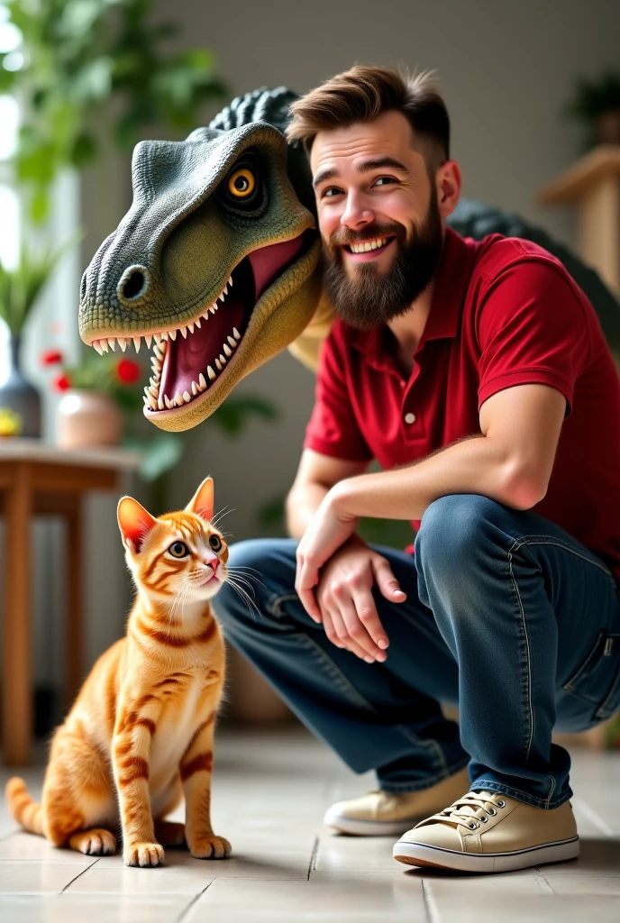 A funny and unusual scene in a domestic environment. A hyperrealistic dinosaur is a ferocious Tyrannosaurus Rex. Next to him, a very cute orange cat of Short hair with brown eyes looks forward with a surprised expression. The color of the cat's grip is just orange. The environment has a light tile floor, some green In the background and household objects like a vase of colorful flowers and a table with various items. The lighting is cozy , and the scene conveys a fun and creative tone. Next to the cat is a young man of 35 years old, thin, LIKE LIGHT BROWN SKIN, full and well-trimmed beard , and straight, dark hair hanging down his forehead at brow height, slightly parted. . He has a confident smile and his eyes convey sympathy and confidence. Your eyebrows are well defined. His face has balanced features , with a marked jawbone and a straight nose. He wears a red shirt. The shirt has a snug fit to the body. Yours dark blue jeans are well fitted, partially covering his ankles. On the feet, he wears a pair of light casual sneakers, with white soles and a modern design.