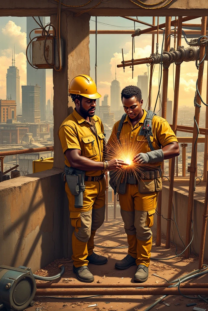 9 rugged, robust and weak men, working with a helmet in a telecommunications company

