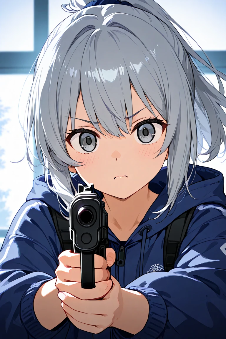 A high school girl with gray hair and a ponytail wearing a windbreaker、Shooting a gun。