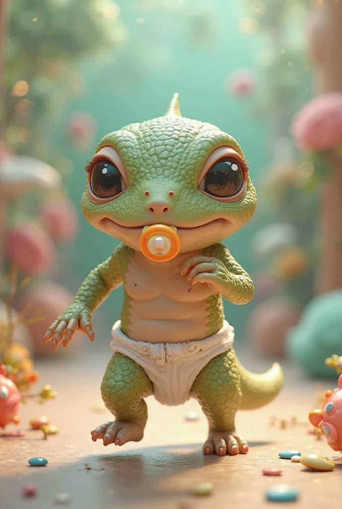 um pequeno dinossauro filhote de olhos arregalados em uma floresta linda
