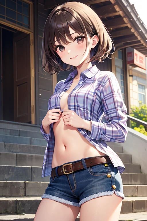 ((alone)), city, street, ((white shirt)), wet shirt, ((blush:1.2)), embarrassing, (raise your chin), 1 girl, hairpin, huge breasts, exposed chest, exposed thighs, denim shorts, short hair, weak woman, ((shorts that cut into the crotch)), ((long and thin legs)), ((thin waist)), thick thighs, cowboy shot, Close your legs, Beautiful woman, adult woman, cute face, cute reaction