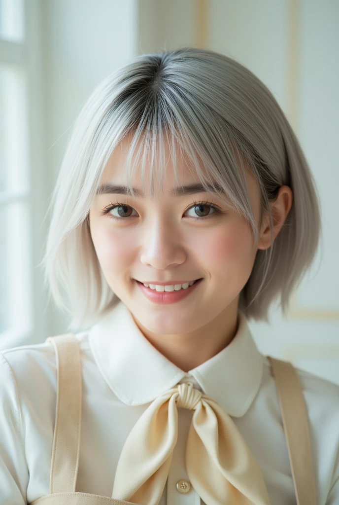 (Highest quality), (masterpiece), (Little), (One person), (alone), (Focus on women), (Ahoge, Gray Hair, short hair), Iris, ((White shirt), (Buttoned shirt)), ((Black Skirt), (Short skirt)), Are standing, White Background, Put your arms behind your back