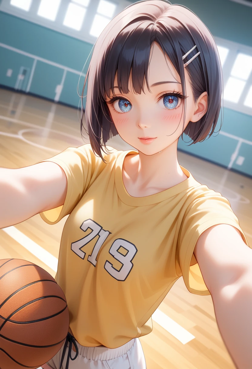 (masterpiece), (highest quality), (Very detailed), At the basketball venue, 1girl, blush, ((Lifting the basketball uniform:1.2)), Happy, Show Viewer, Big Hair, Brown Hair,  shy,((thin)) ,anxiety, blush, mischief,From below,the body is slim,(Shiny skin),  from the front, From above,Long wet ears, ((topless:1.2))