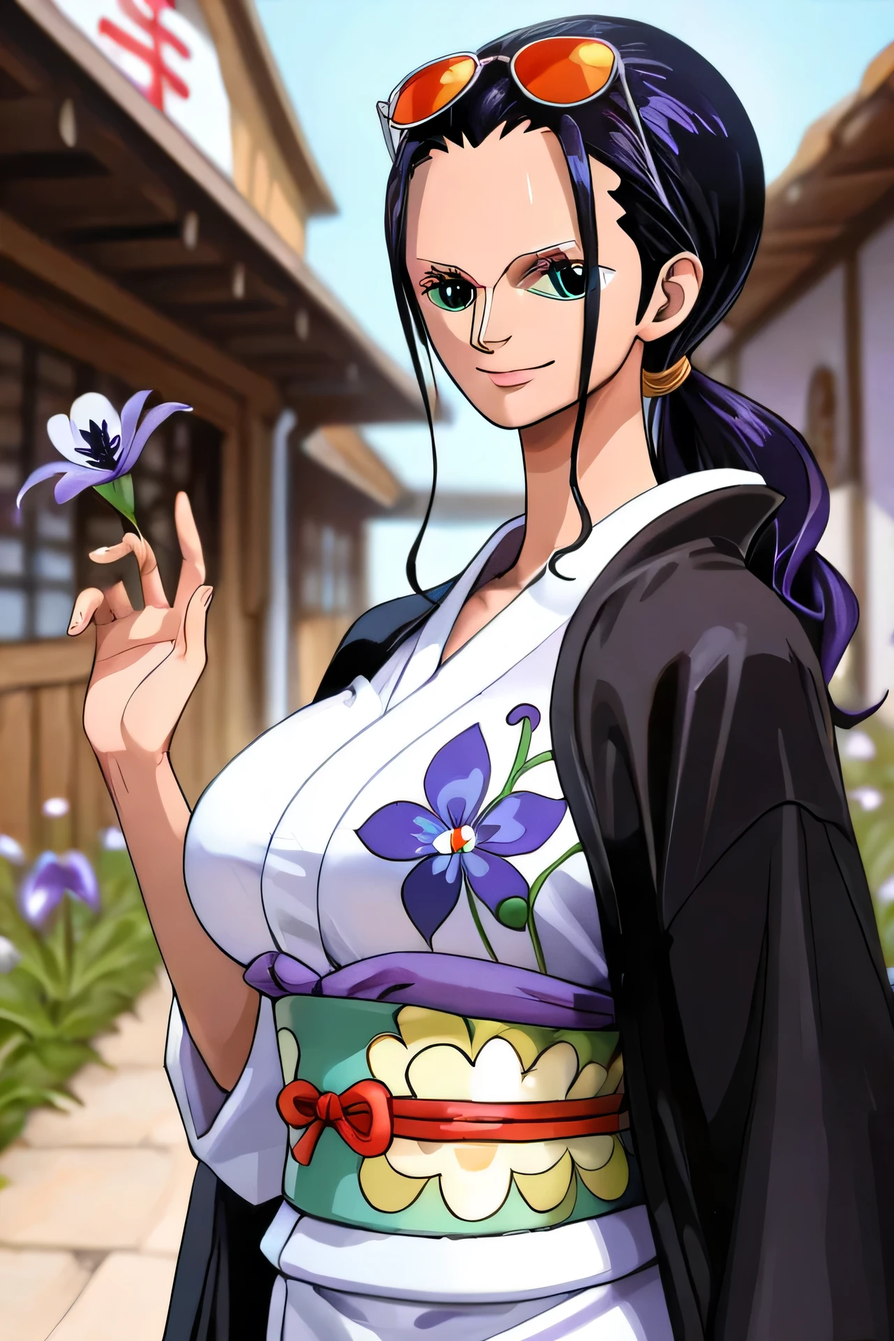 ((NICO ROBIN_anime style)),((Very nice smile))、((Direct your gaze this way))、1 girl,NsfW,(one peace wanokuni edition)、((ponytail、Red ribbon on the tie)) 、((they say olobi))、A very sexy mini kimono dress with a large slit、(((Kimono obi)))、(((The white kimono is decorated with purple iris flowers)))、((Wearing a black haori with a red lining)),Exposed underboob)), White costume,((Short costume)),nico robin,(ONEPIECE),((large breasts 1.3)), Cowboyshot portrait, Outdoor,Dim Alley,Sunny, (highest quality、4K、8K、High resolution、Must have:1.2)、Very detailed、ticker、hyper HD、Studio Lighting、Ultra High Definition Paint、Physically Based Rendering、Extreme Detail、Professional specifications、Vibrancy and color、Blurred、Sports portrait、landscape、Horror Style、Anime Big Tits、sf、photograph、Concept Artist、Five Fingers, Perfect body,Improved cost performance、all roles,photograph, ((The back is surrounded by many flowers on the vast grassland、She is centered in the frontal shot、Surrounded by flowers that cover the background、sun shine、Illuminated by a dazzling light))