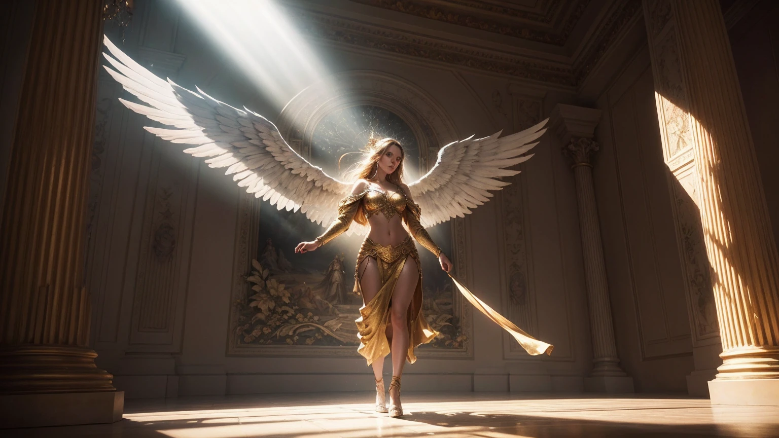 A muscular female angel climbing stairs to heaven, realistic detailed portrait, beautiful detailed eyes, beautiful detailed lips, extremely detailed face, long eyelashes, dramatic lighting, dramatic clouds, ethereal atmosphere, intricate feathered wings, glowing halo, warm color palette, cinematic, epic scale, hyper photorealistic, 8k, masterpiece