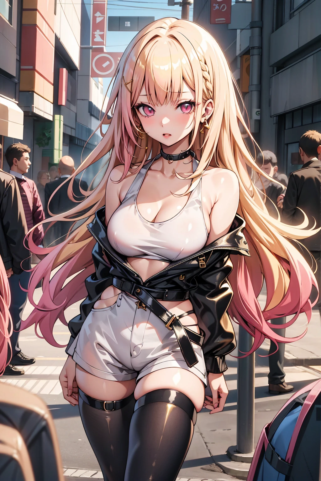 hight resolution, absurdres, best_Quality, Ultra_Detailled, 8K, extremely_clear, photo, beautiful, Beautiful face, Scharp Focus, HDR, 1girl, Clean eyes, very wide-eyed,cyberpunk megacity background , hanabi, Beautiful face, very red areola, standing , very seductive pose, very , no bra, bare chest, No Top, NSFW, Blond long hair with red ends, pierced ears, marin kitagawa, small tits