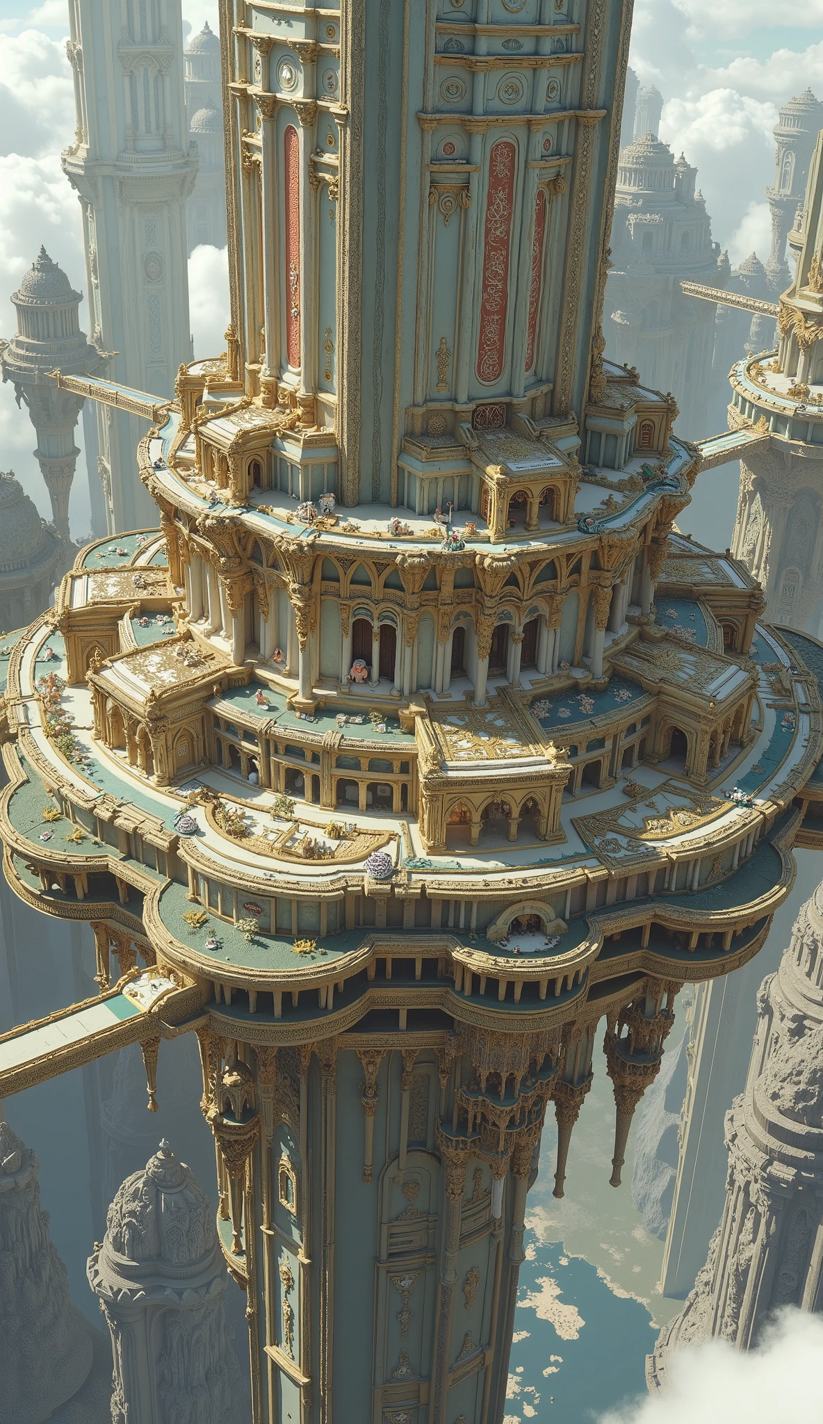 ancient city in the sky、ancient cityは入り組んでいる、Super huge city、A lot of bridges have been built、has many bridges over the sky、is very prosperous and has high technical skills、realistic texture、Highly detailed images、Greatest Masterpiece、32K、 ultra high def 、ultra high definition、Bright image,with a small cafe、Golden、 surreal pictures、 RAW photos 、Realistic images of the current Jiyu