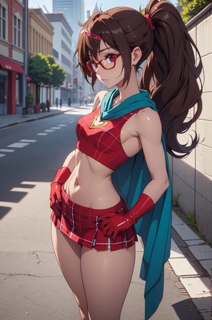 1girl, young model, black hair, ((side tail hairstyle, large side tail)), superheroine outfit blue and red with gold trim, blue tube top with 'A' emblem, plaid skirt, blue thigh-highs, long gloves, red cape, leather backpack, Mary Jane shoes, (red rim glasses), (petite, skinny, fit, slender frame, narrow shoulders), ((erotic)), Professional realistic studio photography, UHD, Extremely Sharp Image, ROH, perfect light and soft shadows, cityscape background, ((flying))