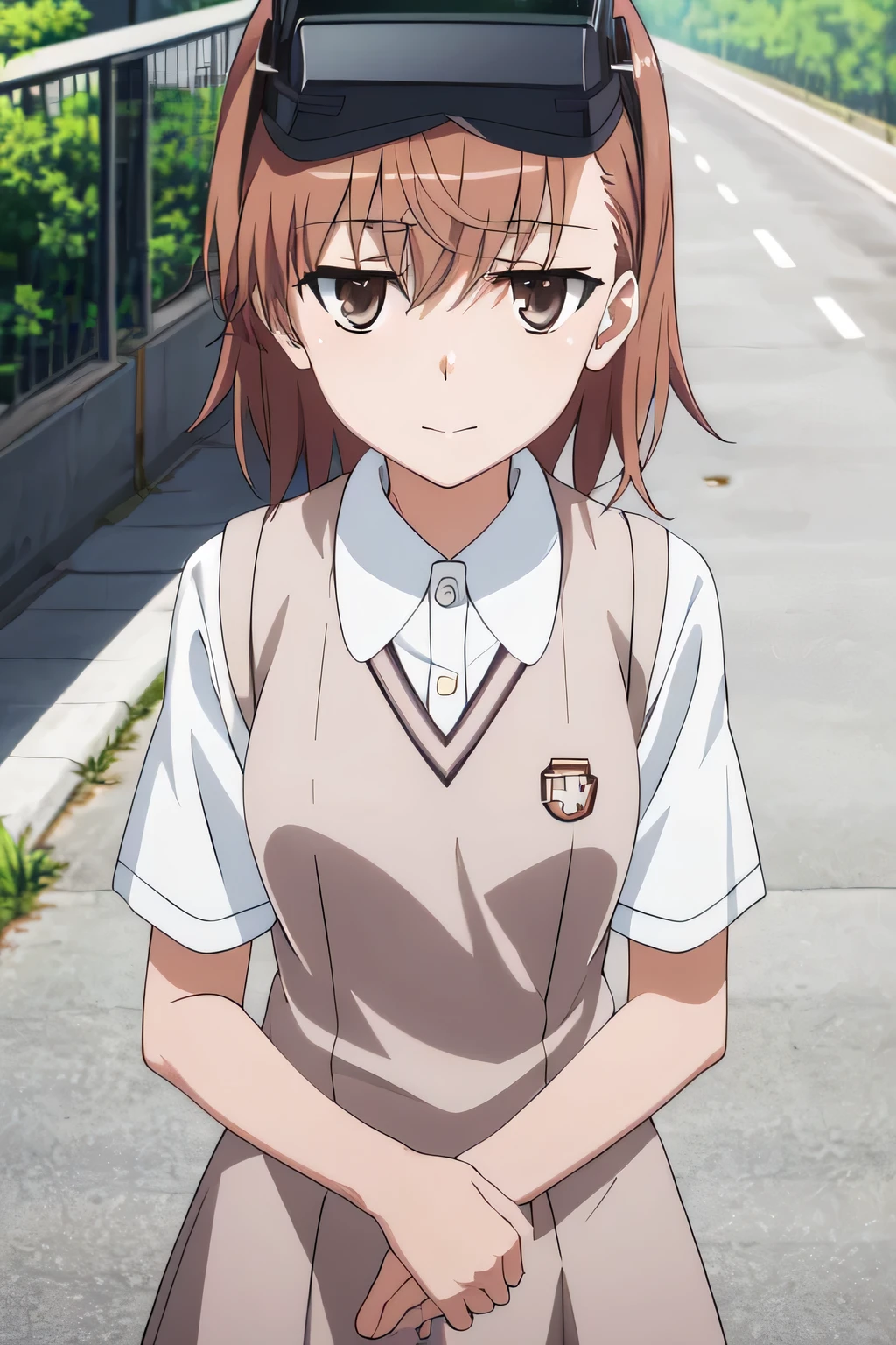 upper body, from above, MISAKA 10032, tokiwadai school, uniform, gazing to viewer with scornful eyes, blank face, slightly playful smile, laugh away, goggles on head (extremely dlietailed CG, masterpiece, highres icon,absurdres,4K)