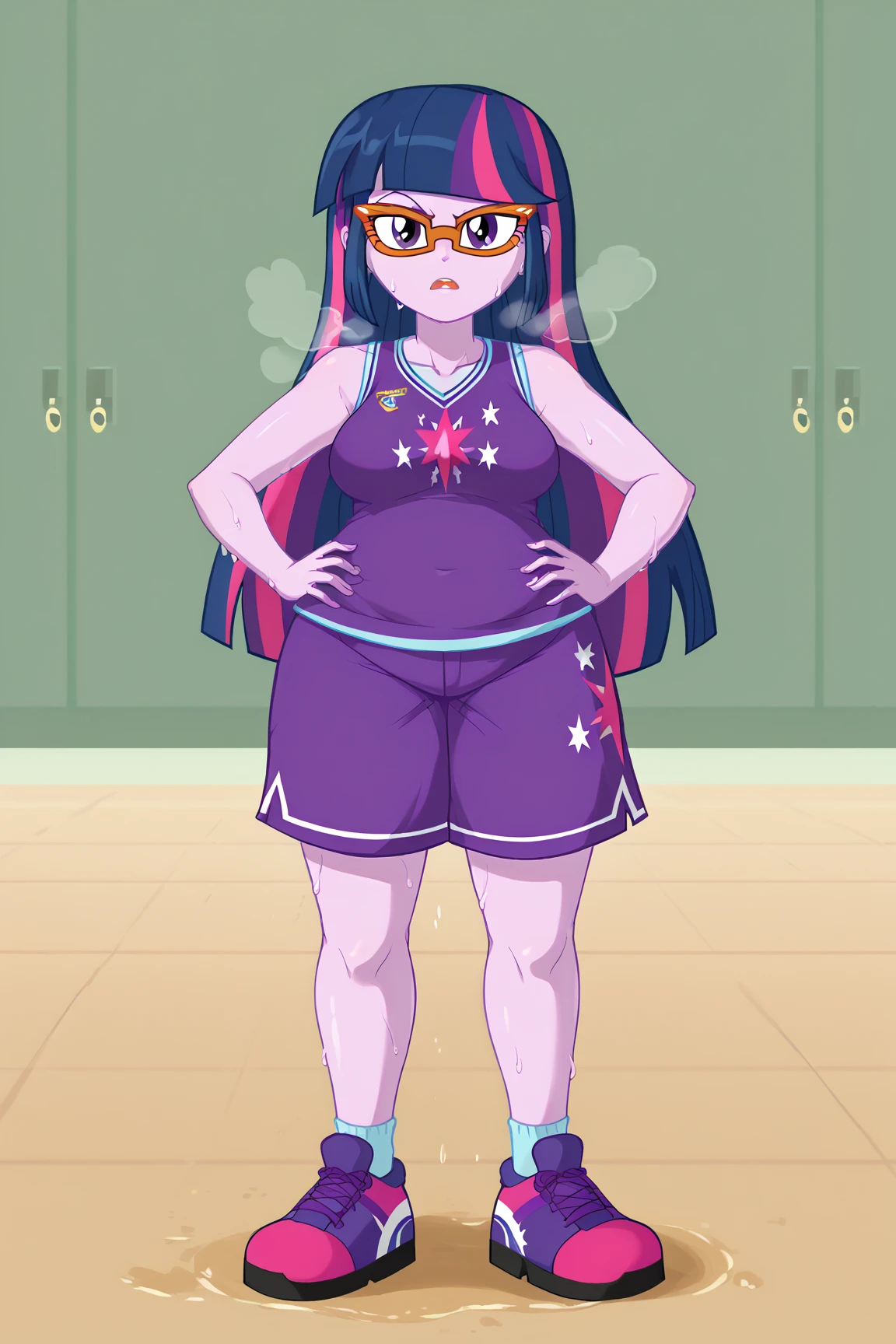 Twilight Sparkle, wearing black glasses, ponytail, evil smug grin, naked, big breasts, thick body, making a puddle of pussy juice From her pussy, full body, Standing in the park, twilight Sparkle equestria girls, twilight Sparkle, cuerpo completo, high resolusion