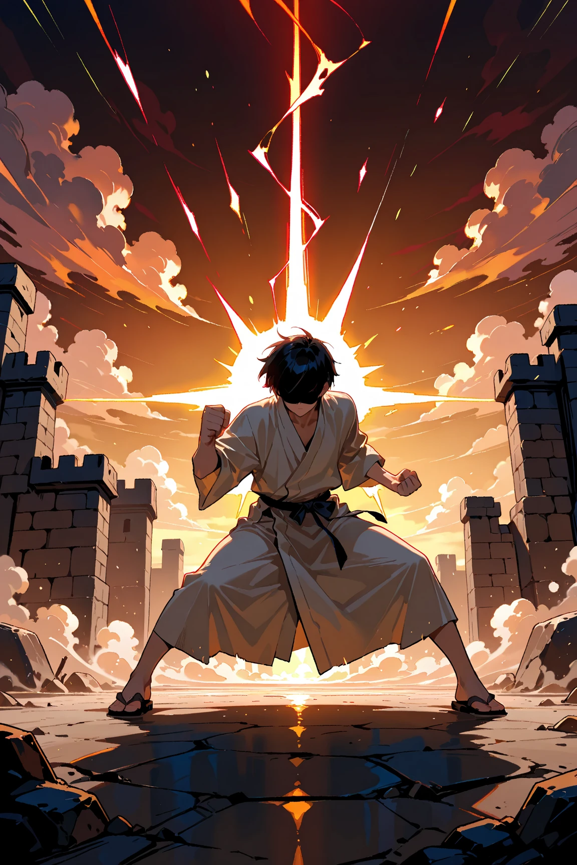 In an anime-style scene, the muscular and attractive boy with brown hair and hazel eyes kneels gracefully, his blindness evident in the focus of his unseeing gaze. Despite his blindness, he exudes strength and determination. He holds the Translated Dream Sword with both hands, the blade glowing with an ethereal light that hints at its mystical properties. The sword’s design is intricate, with symbols glowing faintly along the blade, signifying its connection to the dream realm. The scene emphasizes his powerful presence and deep connection with his weapon, set against a softly lit background that highlights the sword’s otherworldly aura