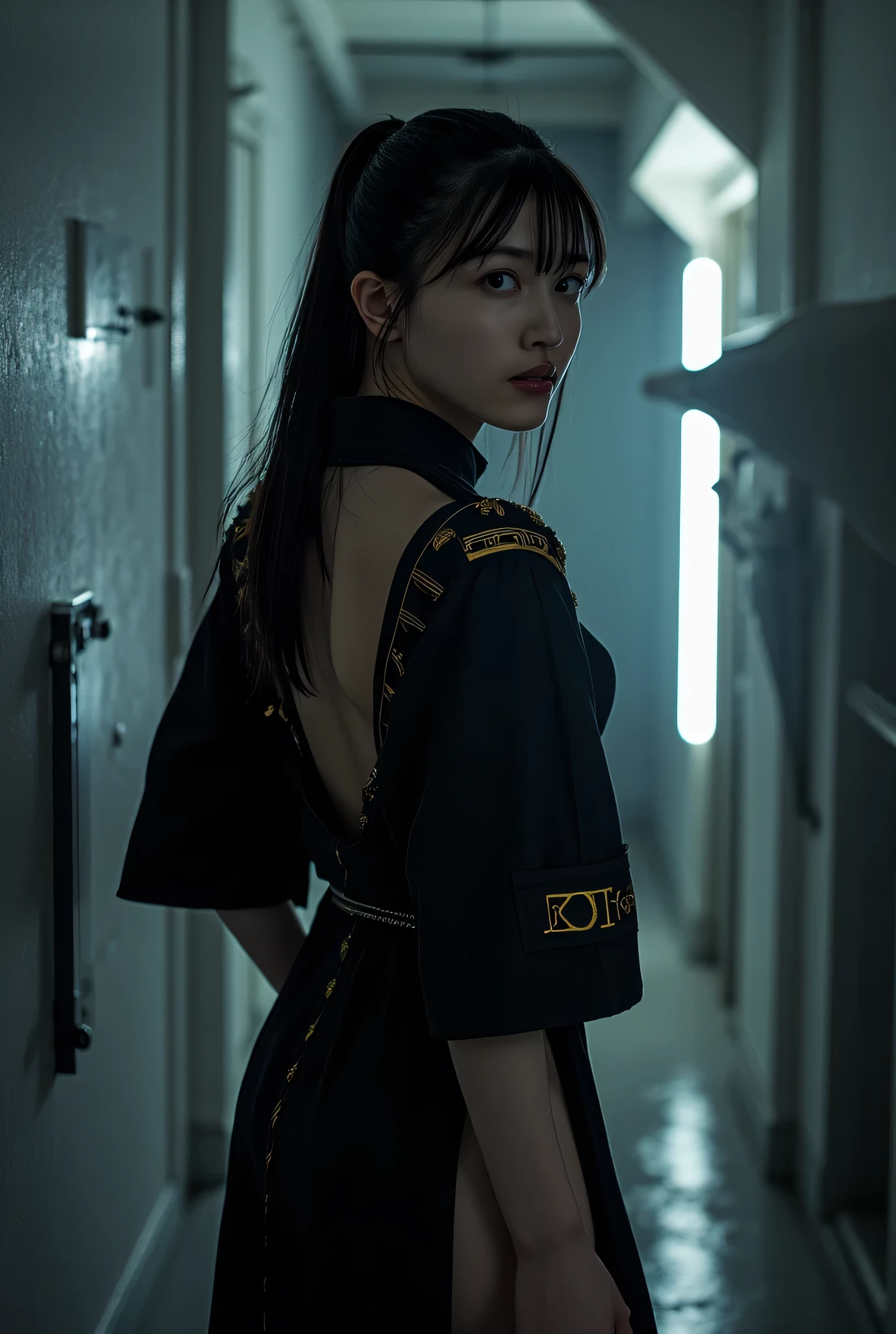 (((Dark Interior of Nostromo Ship :2.0))),((( HR Gigger style cyberpunk vibe :2.0))),(((Pinch the sword with your butt:2.0))),side view from the back,Side pose,(( from behind、camera:2.0)),(( look back :2.0)),rear view,((full body:2.0)), one woman,( cute face ),(Beautiful well-proportioned face ),(( Natural Big Breasts :2.0)),( black hair:1.5),(beautiful eyes:1.3),Glamorous shot of a 20 year old Japanese woman, slender and beautiful body ,(( model body type being committed in vs :2.0)),(( Slim figure and warm water :1.7)), perfect body line,Ideal ratio,(big breasts:2.0), Bare Thighs ,Sensual thighs seen from under the crowd,delicate body,( Muscular:1.5),A harmonious posture,(( Beautiful Butts :2.0)),((cute ass:2.0)), (((( naked ass :2.0)))),((( T-back :2.0))),( realistic bust depiction on nude body :1.5),based on perfect human anatomy、 carefully depicting hands and feet ,((Futuristic Black China Dress:2.0,((Pinch Your Butt with Super High Leg China Dress:1.5)),((Military Uniform Style Kimono with Super High Slit Black China Dress:2.5)),(In-ear monitor:1.5),((Tactical Holster:1.5)),(gloves:1.3),concept art,(Highest quality:1.5),(masterpiece:1.5),(超高resolution),resolution,超高resolution,( delicate depiction), Carefully drawn with butterfly wings ,32K,((Realistic skin texture:1.5)),((( super real :1.5))), eyelashes,highly detailed face, Extremely Exquisite Female Hands ,Very sensual,(Blurry Dark Background :1.5),Professional Photo Shoot,( Movie Lighting:2.0),(( Blade Runner style light :2.0))