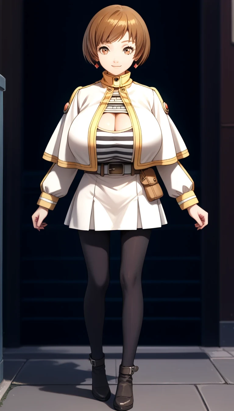 score_9, score_8_up, source_anime 1 girl, solo, cute face, p4chie, satonaka chie, short hair, brown hair p4chie-winuni, earrings, white capelet, striped shirt, long sleeves, belt, white skirt, medium skirt, black pantyhose, close pov view, anatomically correct,t,cleavage cutout ,gigantic breasts,full body,chie cosplay as frieren ,cute smile ,view from below