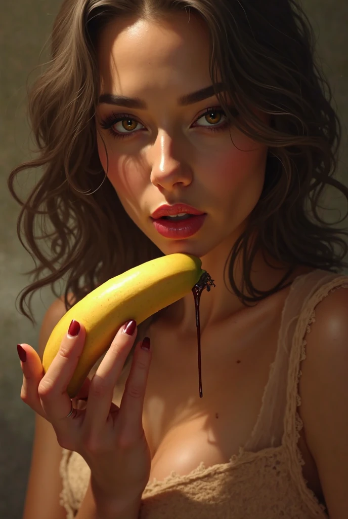 Anna is a sexy woman in her 30s, He has brown hair and green eyes, eating una banana,, eating, Open mouth, Looking at the sky, on the floor, full body, 4k, HD, nude, skin
