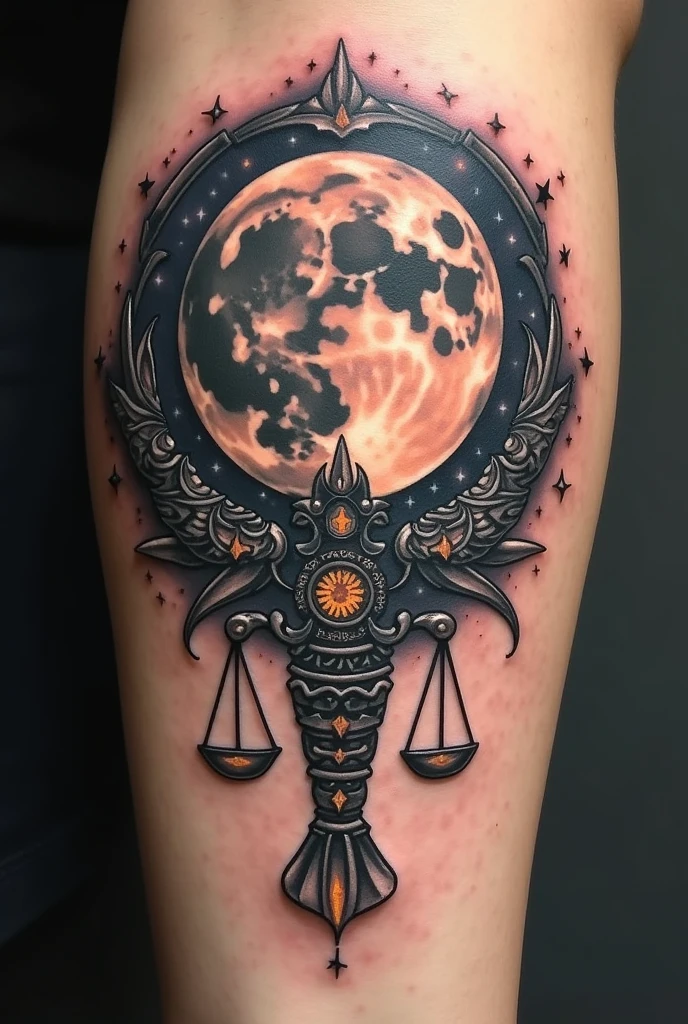 Create a Wheel of Fortune tattoo with an angel and a devil on the sides of the wheel, the personification of justice on the wheel, all the phases of the moon around the wheel, the starry background and gold coins at the bottom of the wheel