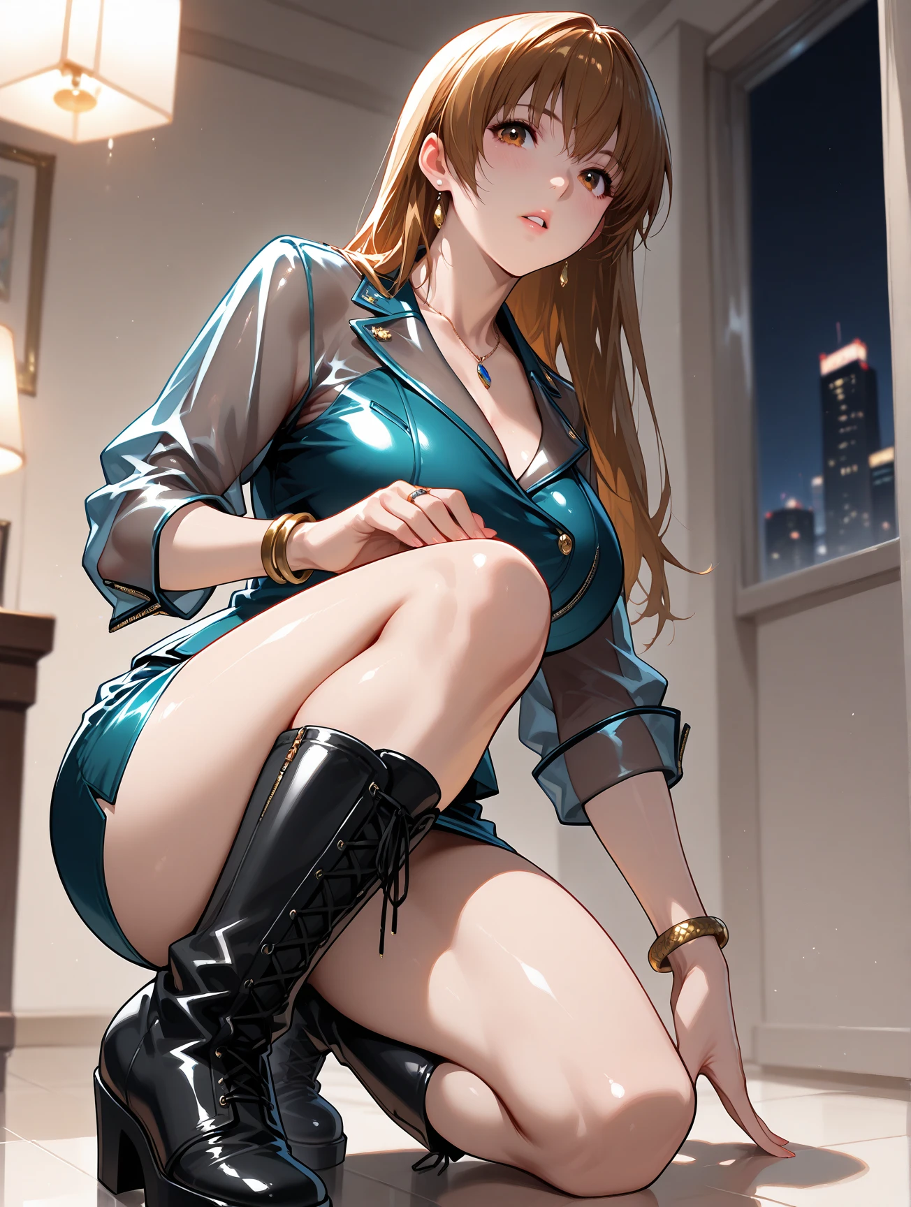 (straddling to hit her crotch on exposed pipe), open legs, raise leg, blush, realistic skin, eyes realistic sizing, lips with lipstick, open mouth, joying masturbation, orgasm face, in the factory, machines, ceiling