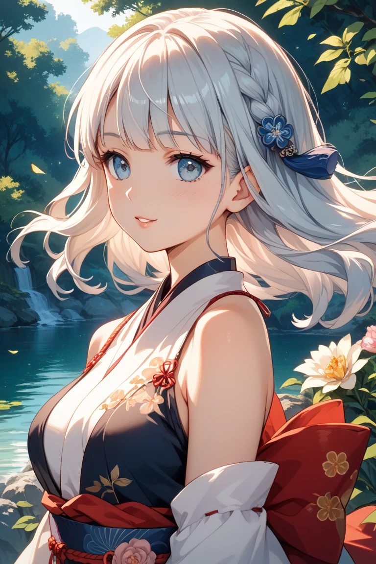 (masterpiece:1.2, best quality), (finely detailed beautiful eyes: 1.2), ((1girl)), ((solo)), (red eyes:1.4), (finely detailed eyes and detailed face:1.3), (beautiful and clear background:1.2), (extremely detailed CG, ultra-detailed, best shadow:1.1), ((depth of field)), ((watercolor)), (oni:1.5), (kimono:1.3), large breasts, bare shoulders, flowers and petals, beautiful concept illustration, (white background:0.5), (illustration:1.1), (extremely fine and beautiful:1.1), (perfect details:1.1), from side, cowboy shot,