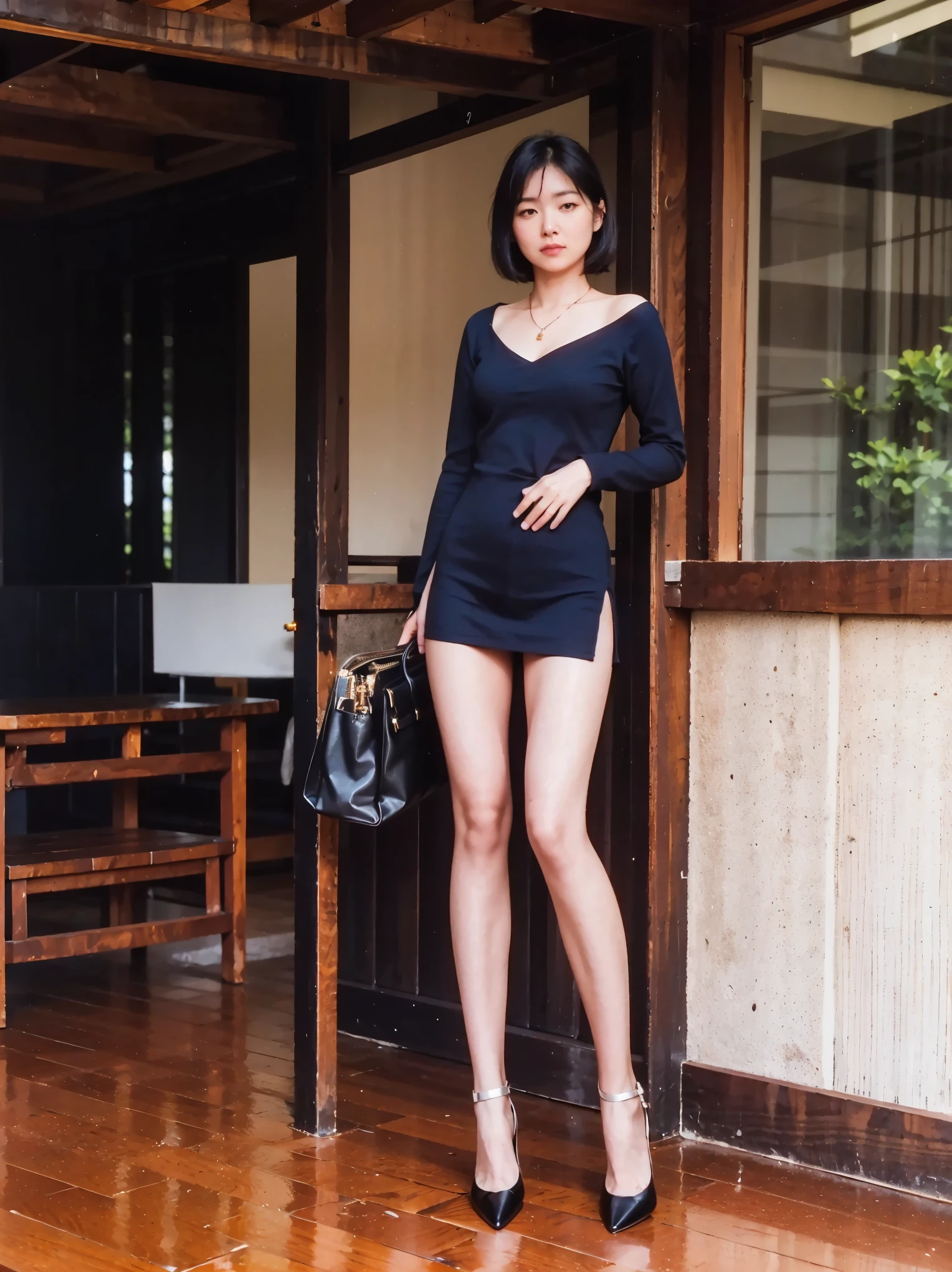 (Photorealistic), (full body shot:1.4) 、35 year old single Japanese woman,Off-white and navy blue vertical stripe micro mini dress, navy blue cardigan、Light grey silk pantyhose with a translucent sheen like bare skin、black hair medium bob cut that shows through bare skin, small white leather bag,White Enamel Pointed Toe Heels, jewelry necklace 、anklet、Stand on the wooden floor of a bright Western-style room,Tokyo 101,(Highest quality), (masterpiece), (High Resolution), original , Extremely Detailed 8k Wallpaper, (very delicate)、NSFW