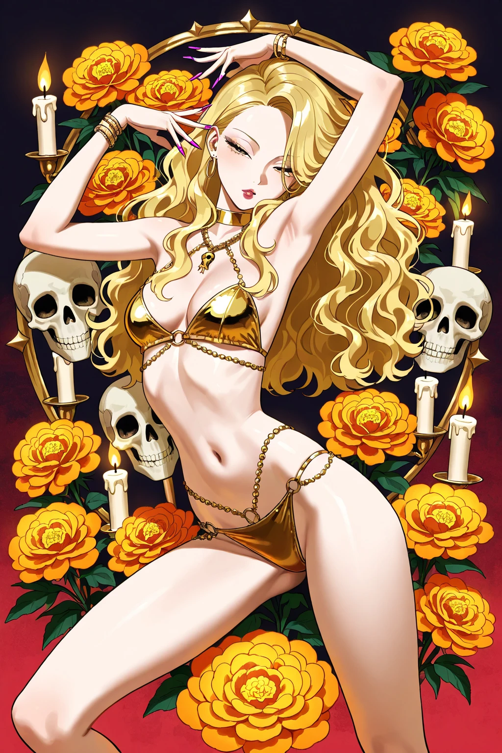 rating_explicit, beautyful mature woman, Shion Karanomori based, blonde wavy hair, encorped body, red glasses, red lipstick, smile, roses tattoo, naked, in bed, milf