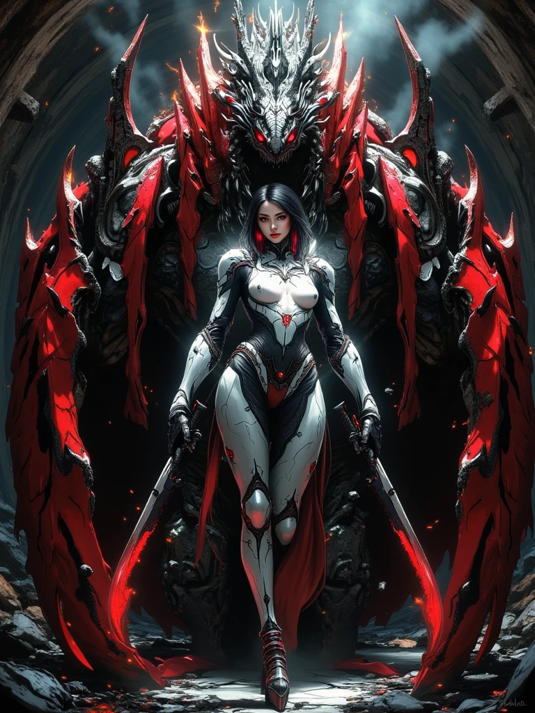 （（（tmasterpiece））），Full body like， （（best qualtiy））， （super detailing）， （CG illustration）， （Very evil and beautiful））， cinematric light， （（1 mechanical girl））， slips， （Mechanical art： 1.4）， （（Mechanical limb））， （Blood vessel attached to tube）， （（The mechanical spine is attached to the back））， （（The mechanical cervical vertebrae are attached to the neck）， （facing away from the audience））， face expressionless， （ wires and cables attached to head and body： 1.5）， scientific fiction， apocalytic， 废墟， （lower body integrated with mechanical devices）， （bloods： 1.5）， brutality， hoang lap， ， fusion with machines， Doomsday time， Super Future， inorganic， Lab Room， restraind， （Beautiful indulgence： 1.2）， （1 rapariga： 1.3），Bursting blood vessels，blood splattere， body wrapped around mechanical tentacles，The steel pipe is forked out of the mouth！
