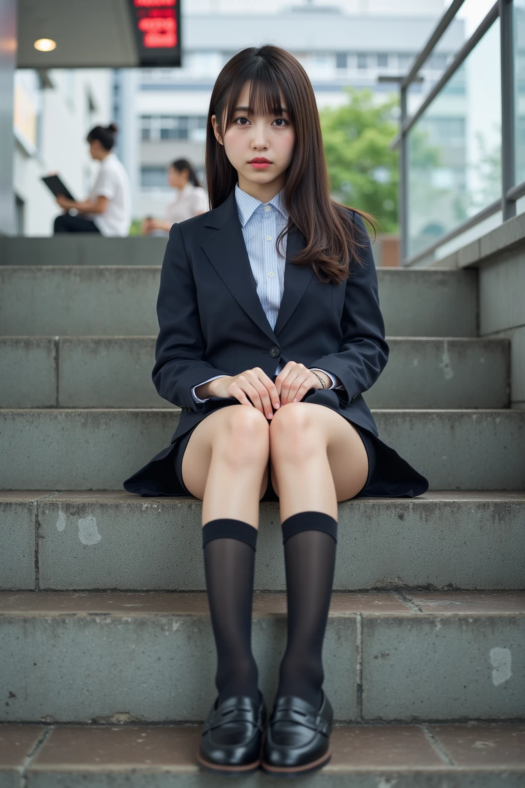 (8k,RAW photos,best quailty,tmasterpiece:1.2,realisticlying,realisticlying,highcontrast,photon maping,photography of,realisticlying,hyper-detailing,professionally lit,lower angle:1.2),(1个Giant Breast Girl),(Solo exhibition:1.5),(fullllbody),(height of 165cm),(18-year-old female student),(Shinjuku at night in Japan),(Sidewalks),(Japanese high school uniform),(dark blue blazer:1.2),(short plaid skirt:1.2),(white shirt for students),(tiese: 1.2),(Crouch down and look ahead),(The crotch opens:1.2),(Light brown medium hairs),(see-through wet white panties:1.5),(camel's toe),(Black loafers:1.2),(beautyface:1.2),(perfectly proportioned:1.2),(the Long legs:1.2),(Large breasts:1.3),(Panties visible from under skirt:1.5),(Detailed female shapes are clearly visible:1.4),(:1.4),(not wearing panties:1.2),(Texture Skins)