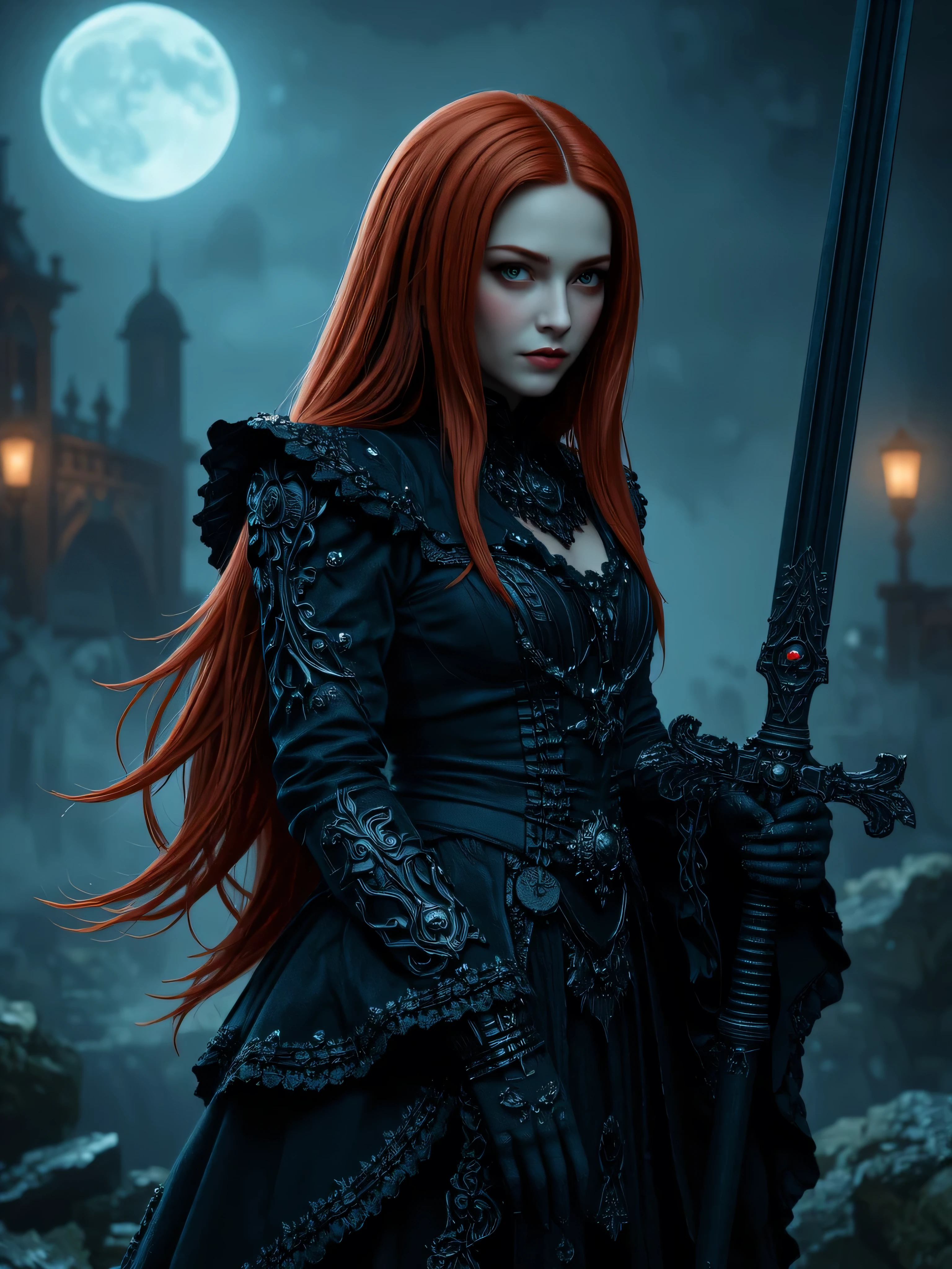 Arafed woman in black dress holding a sword in front of a castle ...