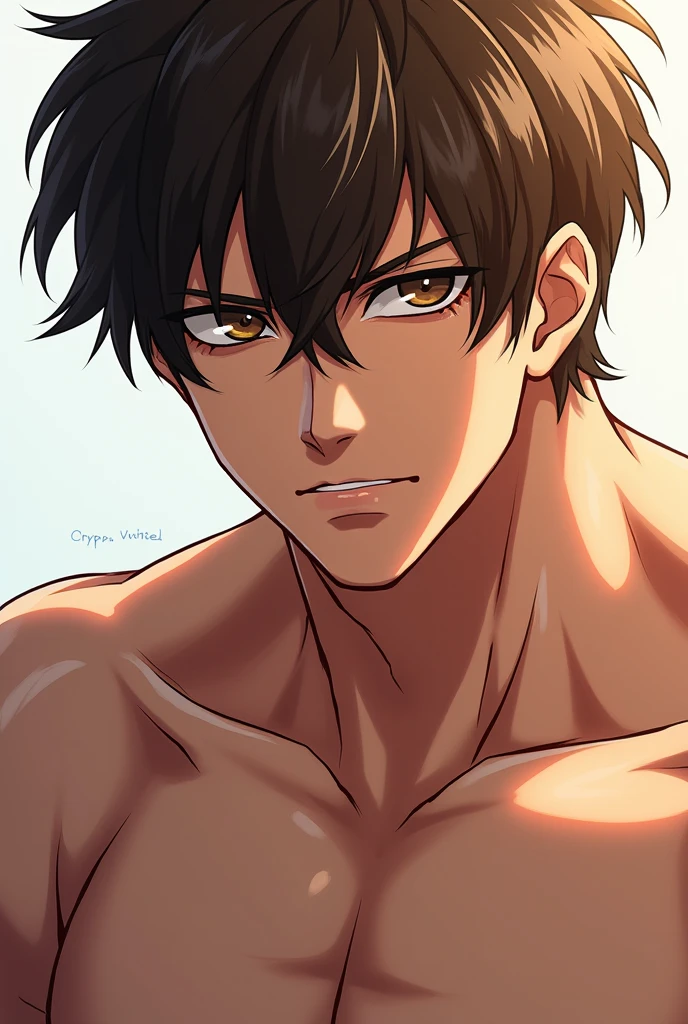 anime boy ,robust, dark muscular, amber eyes, short wavy black hair, shy , serious