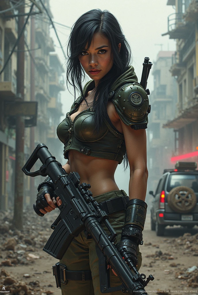 (Photographic:1.3, 16k, highest quality, masterpiece, Ultra-high resolution), Perfect dynamic composition:1.2, Highly detailed skin and facial textures:1.2, Covered in scars:1.2, (The end of the world:0.5, military base:0.6, Contrasting with the desolate background:0.7, Increase the disruptive element:0.7, Debris and impurities scattered around:0.7), (Dynamic action pose:1.0, Professional camera work:1.0, Aim with a gun:1.0), Beautiful Japanese women serving in the US military, Incredibly slim body, Fair skin, Very beautiful face, Stern expression, (Automatic rifle:0.7, Bulletproof vest:0.7, Torn military uniform:1.0, Backpack:0.7, boots:0.7), Shapely breasts, Chest gap, Big eyes that exude beautiful eroticism, Lips that exude beautiful eroticism, Cowboy Shot, necklace, Earrings, bracelet, Tattoo:0.5, military cap