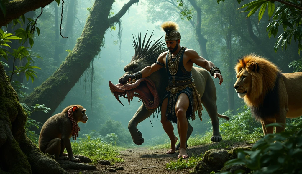 Create a fifty-second video of a jaguar warrior who has a battle with a snake warrior for the domination of a town. The jaguar warrior is kind and good-hearted and the warrior is ruthless and extremely evil and wants to win the battle to rule and enslave the entire town. On the other hand, the jaguar warrior wants to win so that everything remains the same, that everyone remains free and there is peace. 