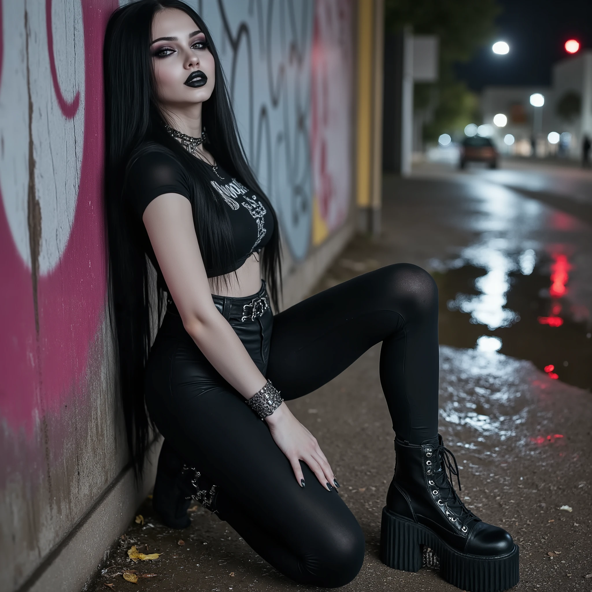 FictionalCrystal, # FictionalCrystal, uma garota gótica com maquiagem preta pesada nos olhos e batom preto.
An ultra-captivating gothic emo woman with long, jet-black hair styled in soft, choppy layers that frame her face perfectly. FictionalCrystal is dressed in a skin-tight pair of black leggings with a subtle sheen, emphasizing her toned legs and curves. She pairs the leggings with a cropped band tee featuring a torn design, showcasing her flat, pierced stomach, and a spiked black belt around her waist. Her makeup is dark and dramatic, with heavy black eyeliner and smoky eyeshadow that blend seamlessly into her pale complexion, and her lips are painted with a deep, matte black lipstick. On her feet, she wears platform combat boots with silver chains, adding an edgy vibe to her look. Her wrists are adorned with studded bracelets and layered chains, and her nails are long and painted jet-black. She leans casually against a graffiti-covered wall in an urban setting, her expression both sultry and rebellious. The background features neon lights reflecting off rain-soaked pavement, enhancing her emo-gothic aesthetic with a modern, stylish edge.