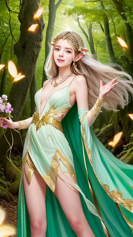 (european:1.2)、(spread your legs:1.1)、Elegant and beautiful fairy portrait、She is in harmony with nature、beautiful like a fairy、Clear, glowing skin、emerald green eyes、(delicate and soft blonde hair)、light, Feather-like hair ornaments and accessories、Elegant and flowing fairy-like costume、A background that blends in with nature