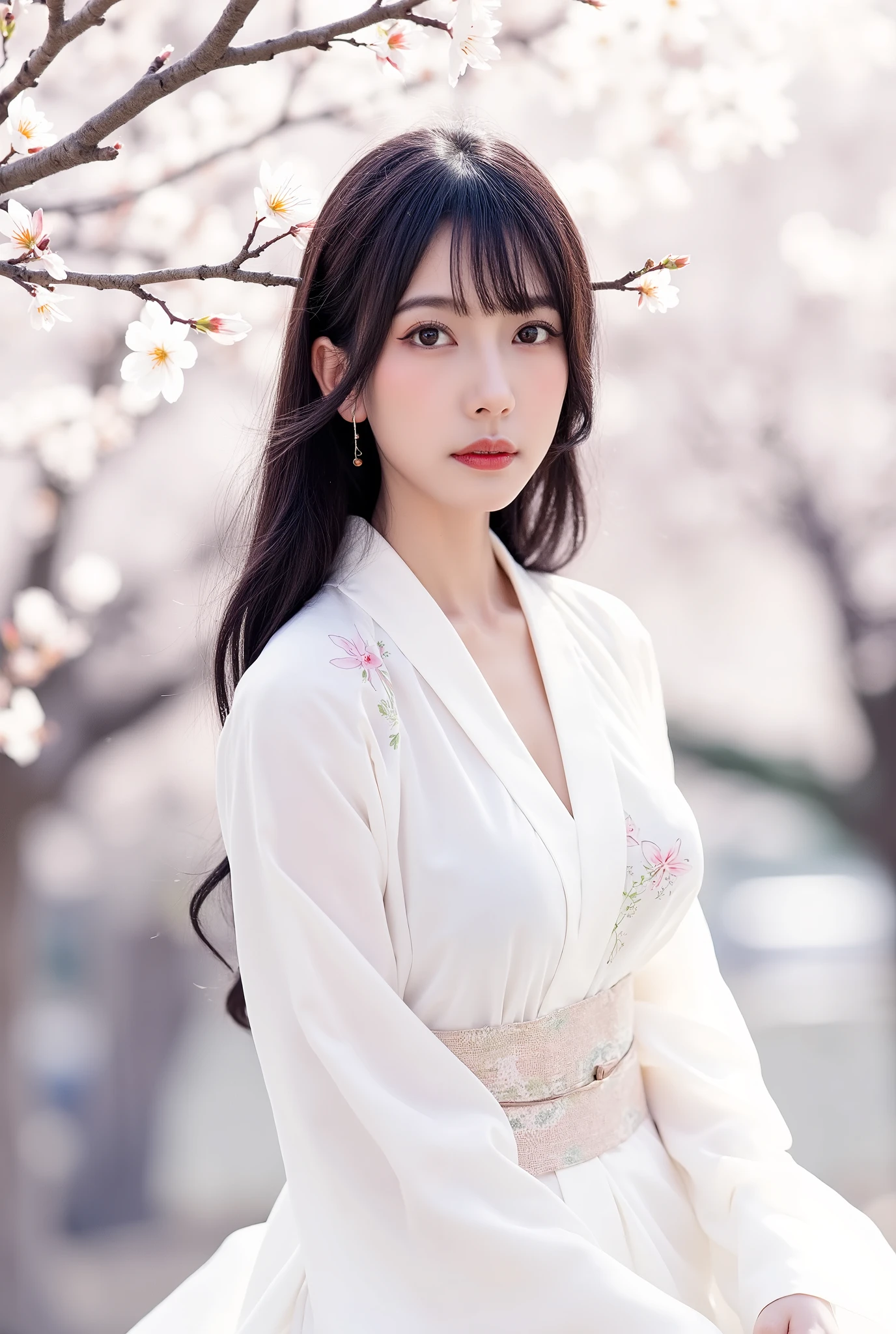 Anime-style photograph of a pale-skinned, slender Asian woman with long black hair and bangs, wearing a white floral kimono, delicate jewelry, and holding a dangle earring. Background features cherry blossom branches with white flowers, evoking an ethereal, serene atmosphere.