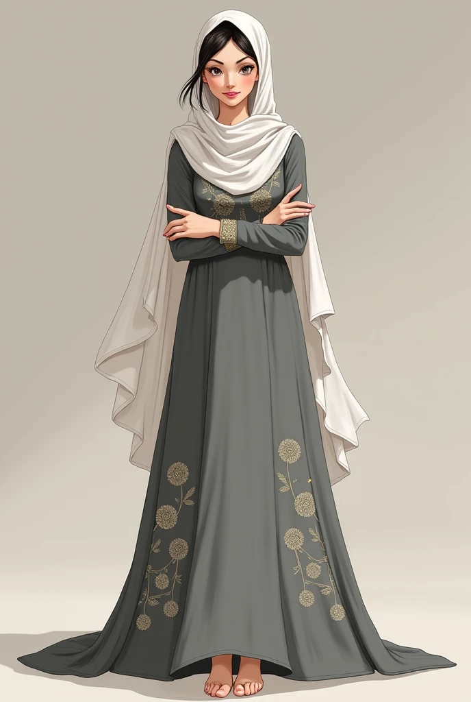 A request for a watercolor-style illustration featuring a modest Muslim bride dressed in a voluminous navy blue henna dress is described. The bride, viewed from behind, is slightly turned, looking over her shoulder without revealing any facial features such as eyes, nose, or mouth. Her dress is simple, without lace or floral details, and her headscarf matches the dress in color. The illustration should have an artistic feel, resembling a hand-drawn aquarelle painting rather than a realistic image.