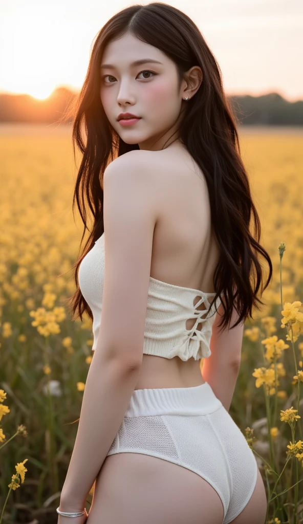 1girl standing back view on the flowery garden, flowery plants behind, (standing, back position:1.5), mix4, low cut ((white camisole)), (small breast:1.5), cleavage, (((red tartan hyper mini skirt))), lips, open_mouth, realistic, photo_\(medium\), solo, slightly smile, (masterpiece), (realism: 1.3), super detailed, (High detail skin: 1.2), (Best quality: 1.0), (Ultra resolution: 1.0), (ULZZANG-6500: 0.3), light brown medium wavy detail hair, sunshine, (beautiful detail makeup), (sexually aroused blush, heavy breath: 1.0), (soft light bloom: 0.5), (slim muscular body:1.2), navel show, open abdomen, blured background, depth of field, strong backlight sunset, (perfect fingers)