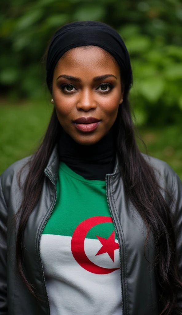 Close up, woman, fat . Wearing black leather coat, adidas hat, t-shirt with algerian flag, green nature background 