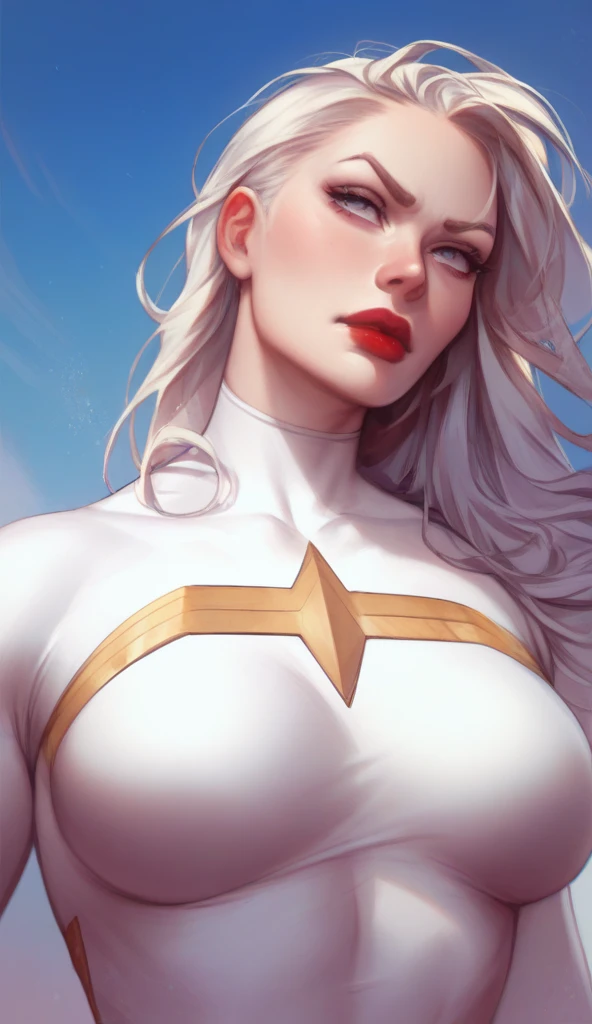 Cinematic. (((A comic style, cartoon art))). Emma Frost Posing for photo (((in epic heroic pose))) , wearing his iconic X-Men uniform, ((Showing the belly)) , ((Wearing white pants and cape)) . (((Hot Body, camel toes))). ((((Abstract Comic background )))) , vivid colors, detailed, detailed face, realistic shadows and bright, glowing.
