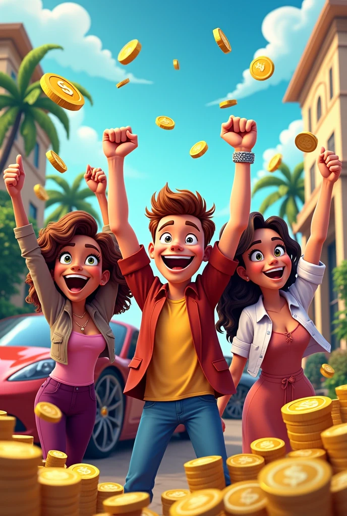 Please give me a picture of 4 friends, one man, three women. .One with straight red hair long to the back. Another curly blonde hair. Another long black hair with two blond strands on the forehead straight Surrounded by money. all caucasians. Make it cartoonish