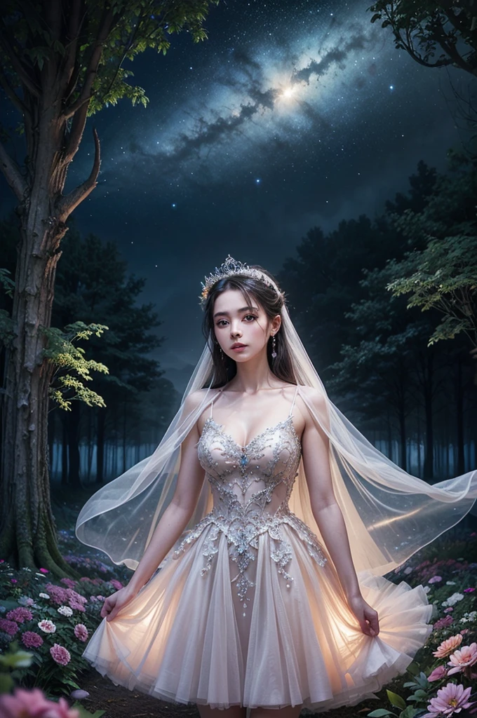 [Core Concept] A high-quality, detailed, and visually striking image depicting a young woman in a lush, floral garden under a starry night sky.

[Character Description] A beautiful, youthful woman with delicate features and an ethereal, serene expression, dressed in flowing, elegant attire.

[Environment/Background] A vibrant, meticulously rendered garden filled with a variety of colorful, blooming flowers and lush greenery, surrounded by a vast, starry night sky.

[Style and Atmosphere] A dreamlike, almost magical atmosphere, with a sense of tranquility and wonder, creating a captivating and visually stunning scene.

[Composition] The woman is positioned centrally, surrounded by the garden's natural beauty and the expansive, starry sky, drawing the viewer's attention to the focal point.

[Details and Embellishments] Intricate details in the flowers, foliage, and the woman's attire, as well as the intricate patterns and textures of the night sky, adding depth and richness to the overall image.

[Technical Specifications] A high-resolution, photorealistic image with exceptional clarity, depth, and attention to detail, showcasing the pinnacle of visual artistry and technology.