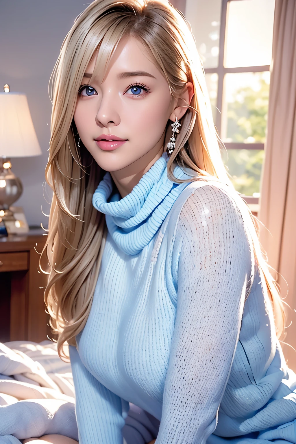 1 girl、((virgin killer sweaters))、blue sky、Bright and very beautiful face、 young, shiny white skin、Great looks、Pink-blond hair that reflects light vividly、Has beautiful shiny blonde hair、 very long, silky straight hair 、 long bangs、Very beautiful、big, clear , pale blue eyes 、beautiful、 adorable by design、 beautiful女の子
