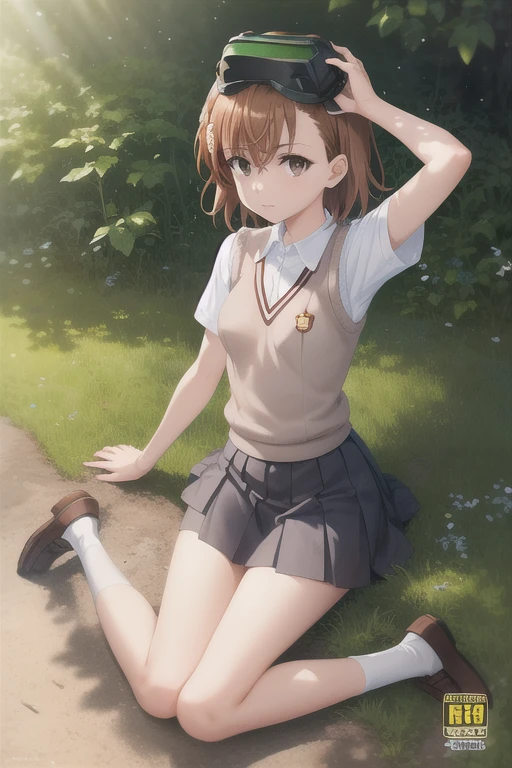 Una chica de anime en un campo de hierba,sentada en la hierba, 1girl, sola,piernas abiertas,Exposed , completamente desnuda, sin censura,piernas abiertas,obra maestra,mejor calidad,censurado, brown hair, Misaka Mikoto, brown eyes, senos, small breasts, completamente , , sonrojarse, Cerco, Censura de mosaicos, pelo corto, piernas abiertas, valla de alambre, tag