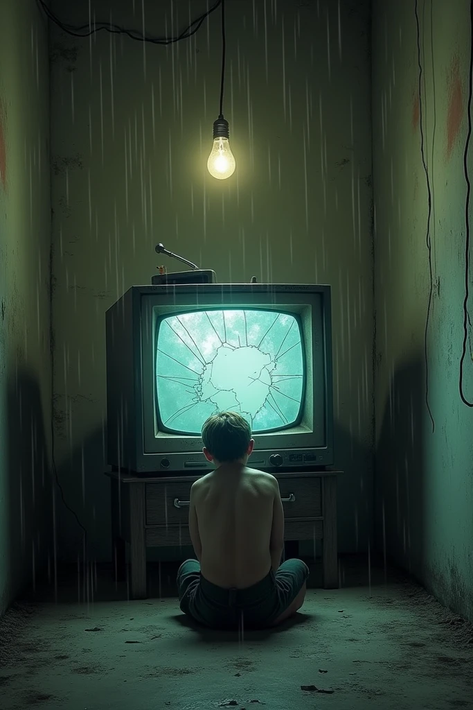a room with a child watching an old television set with news of nuclear explosions. on the floor next to him a small dirty audio cassette player with the number 80 spray-painted on the wall. cold war atmosphere. through the window you can see the damaged buildings, dirty and eaten away by vegetation.